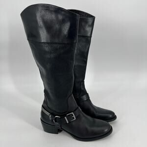 Vince Camuto Brunah Riding Boots Womens 7 Black Leather Knee High Harness Buckle